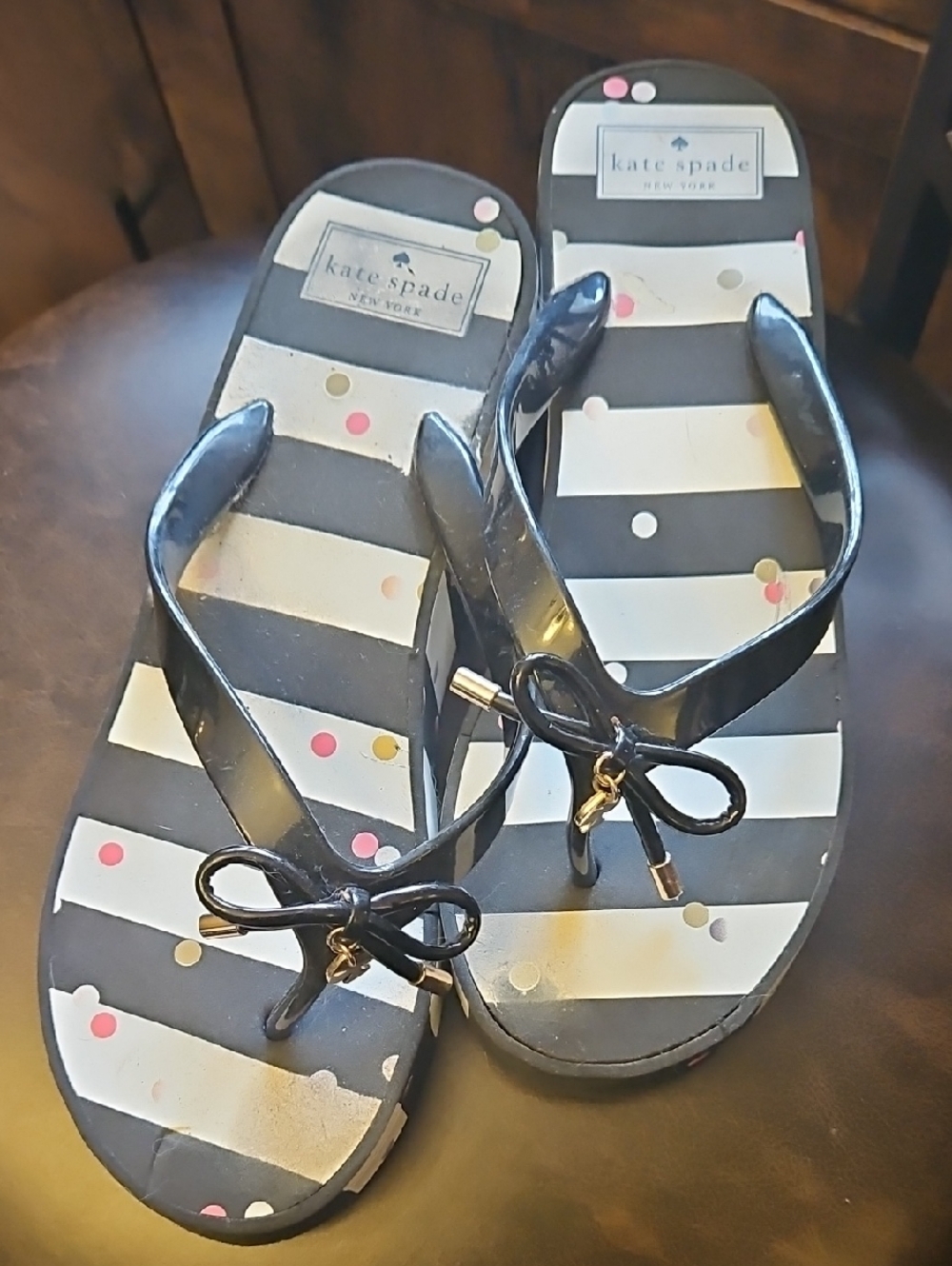Like New kate spade Black & White Striped Flip Flops with Gold Accents